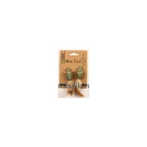 Мон Теро  ЭКО игрушка  для кошек "Мышь", 2шт х 5 см, с перьями,  с кошач. мятой, зелёные/12/144/