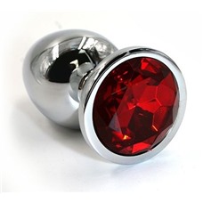 Серебристая алюминиевая анальная пробка с красным кристаллом - 7 см.