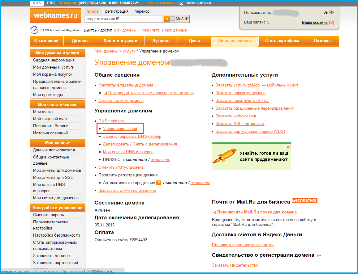 Настройка домена на webnames для интернет-магазина на Eshoper.ru
